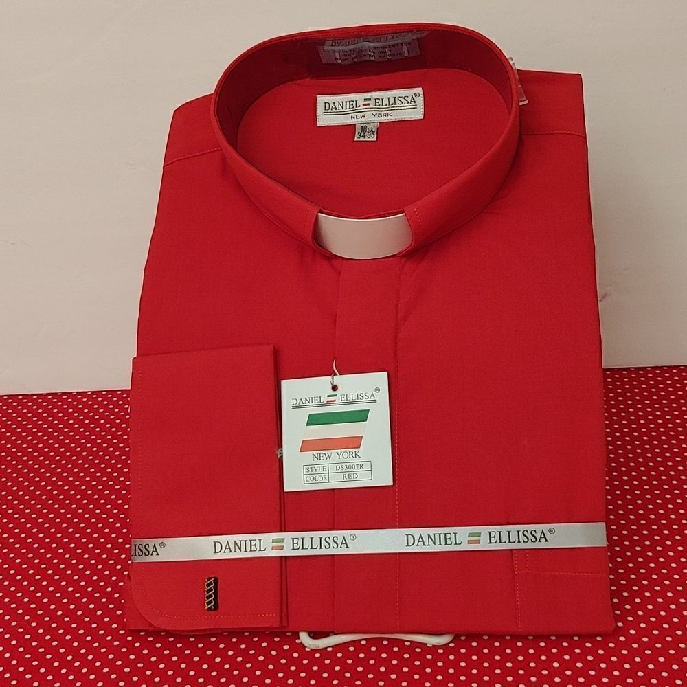 DANIEL ELLISSA RED CLERGY SHIRT, WHITE TAB, WITH FRENCH CUFFS.